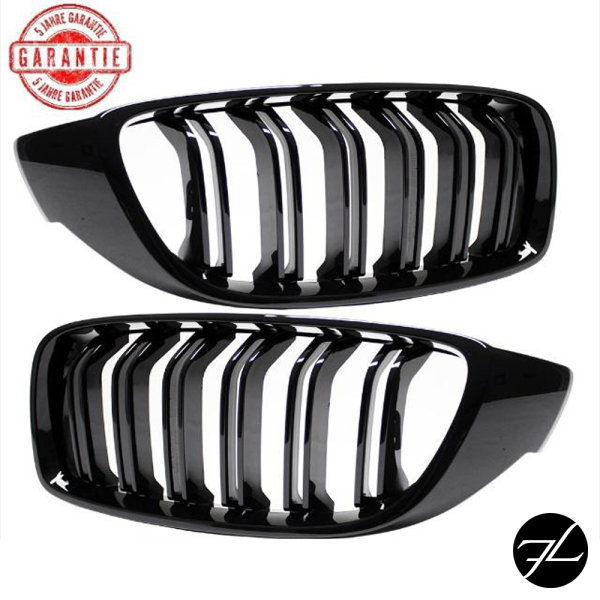 2x Kühlergrill Schwarz Glanz Doppelsteg +Emblemhalter passend für BMW 4er F32 F33 F36 auch  M4 + M alle Modelle