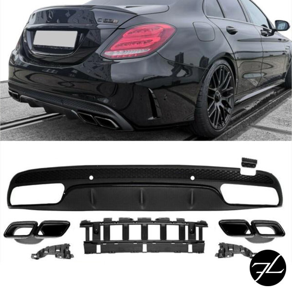 SET Heckdiffusor Schwarz Hochglanz + Blenden passend für Mercedes C-Klasse W205 S205 ab 14-18 AMG Sport