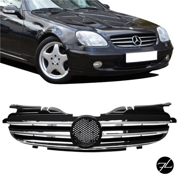 Kühlergrill hochglanz Schwarz + Chromleiste passend für Mercedes SLK R170 98-04